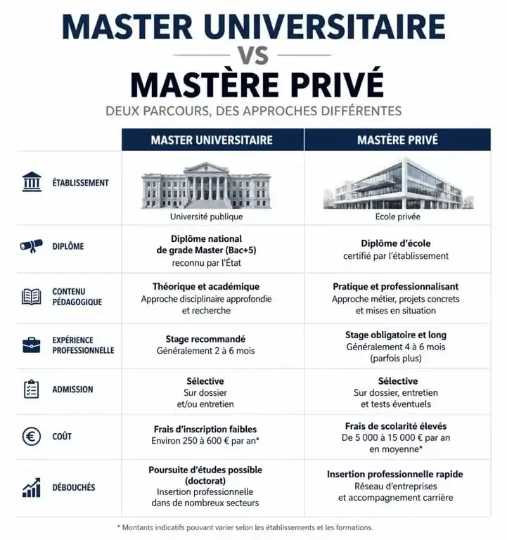 Infographie comparative entre le diplôme national de Master et le label Mastère pour choisir son orientation après un bac+5.