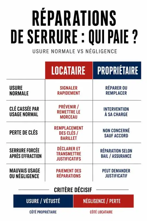 Tableau récapitulatif des responsabilités pour le changement de serrure locataire ou propriétaire