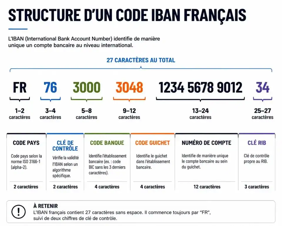 Schéma explicatif de la structure d'un RIB et d'un IBAN français pour vérifier sa validité