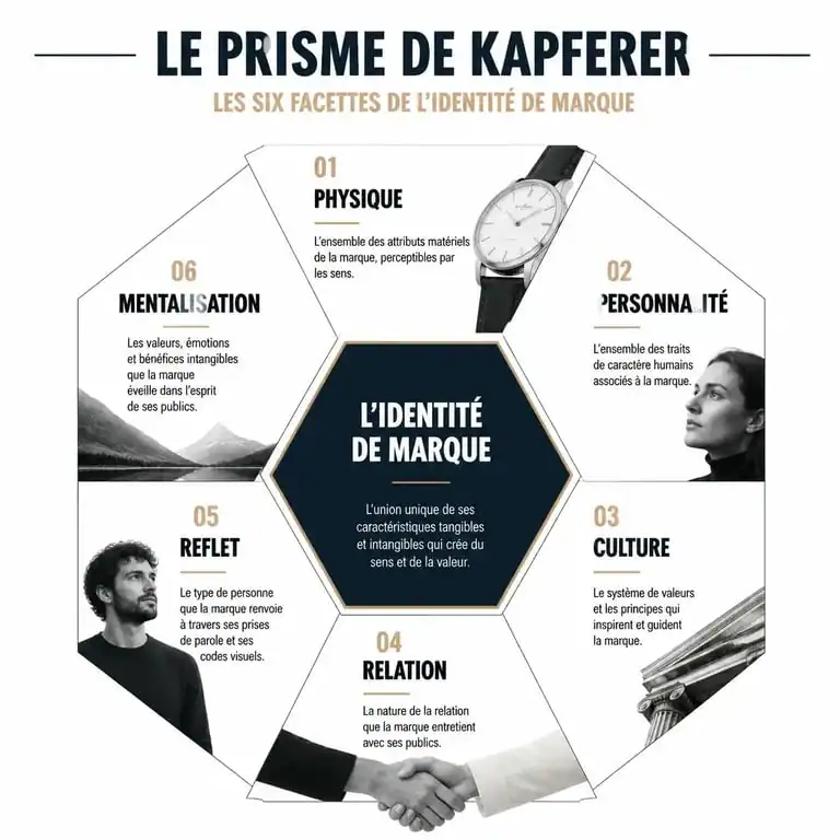 Schéma illustrant le prisme de Kapferer et ses 6 facettes pour définir l'identité de marque