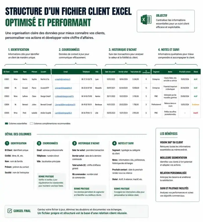 Modèle de fichier client Excel structuré pour une gestion efficace de la relation client