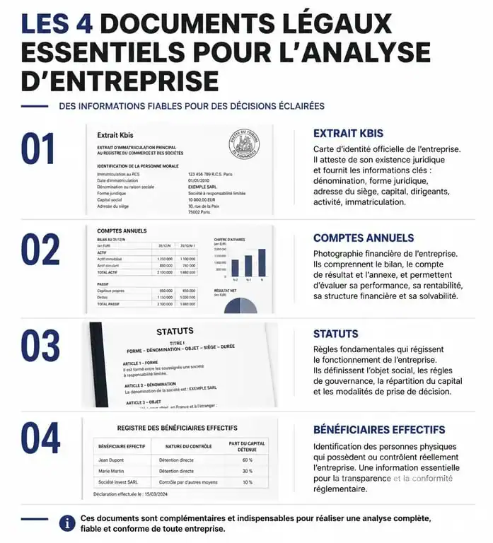 Infographie des documents légaux pour la recherche d'entreprise : Kbis, comptes annuels, statuts et bénéficiaires effectifs.