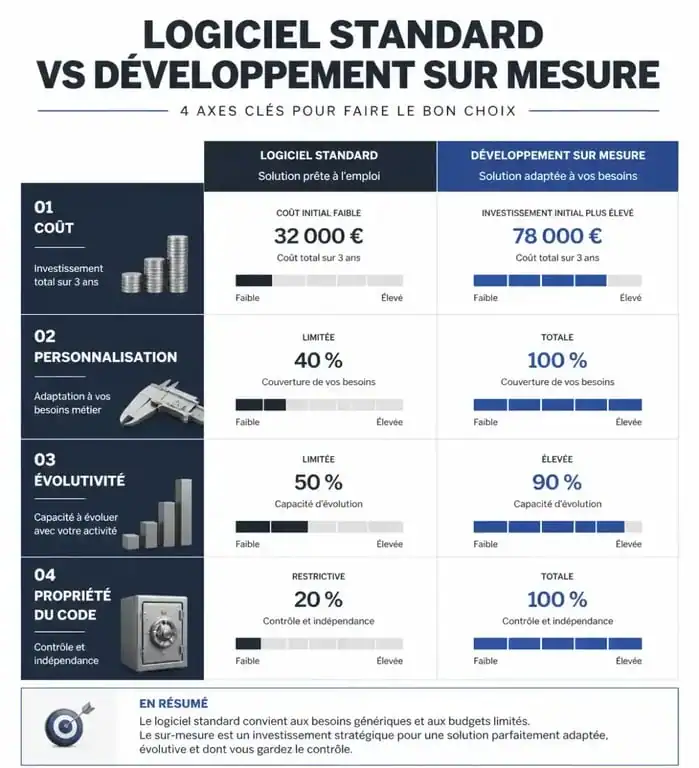 Infographie comparative : développement sur mesure vs logiciel standard pour votre projet informatique