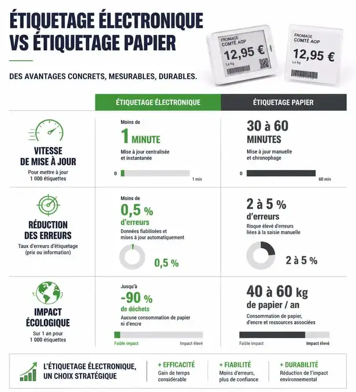 Infographie comparative des avantages de l'étiquette électronique versus étiquette papier pour le retail.
