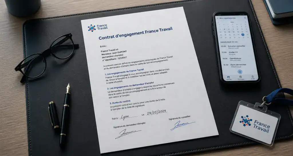 france travail contrat d engagement sur bureau