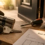 Locataire changement de serrure : main tient barillet et clé près porte, état des lieux.