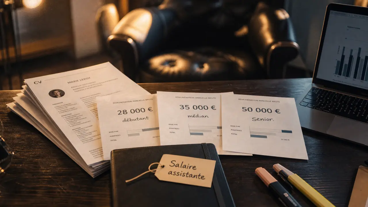 Assistante de direction salaire : pile de CV et fiches de rémunération, médian et écarts.