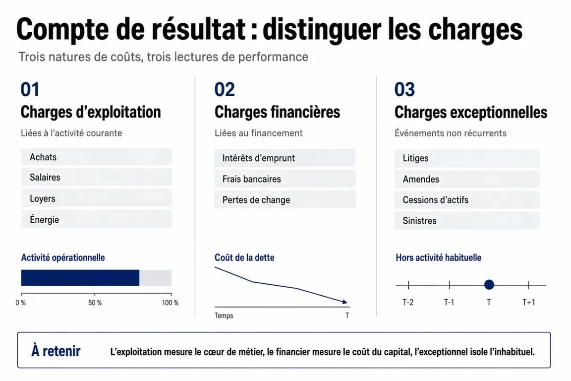 Infographie comparative des charges d'exploitation, financières et exceptionnelles pour la gestion d'entreprise