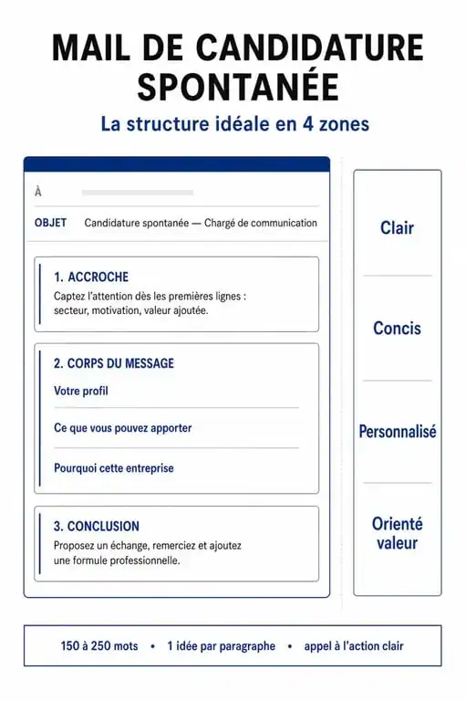Infographie illustrant la structure idéale d'un mail de candidature spontanée pour réussir sa recherche d'emploi.