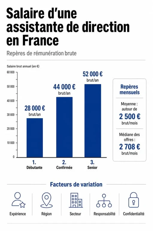 Infographie du salaire assistante de direction salaire en France avec fourchettes débutante, médiane et senior