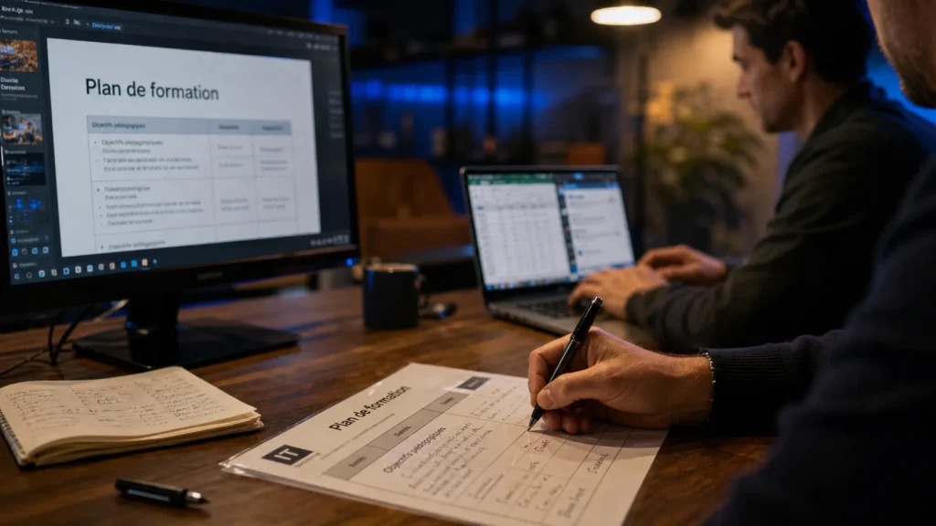 Formateur informatique en formation, apprenants au PC, plan de formation