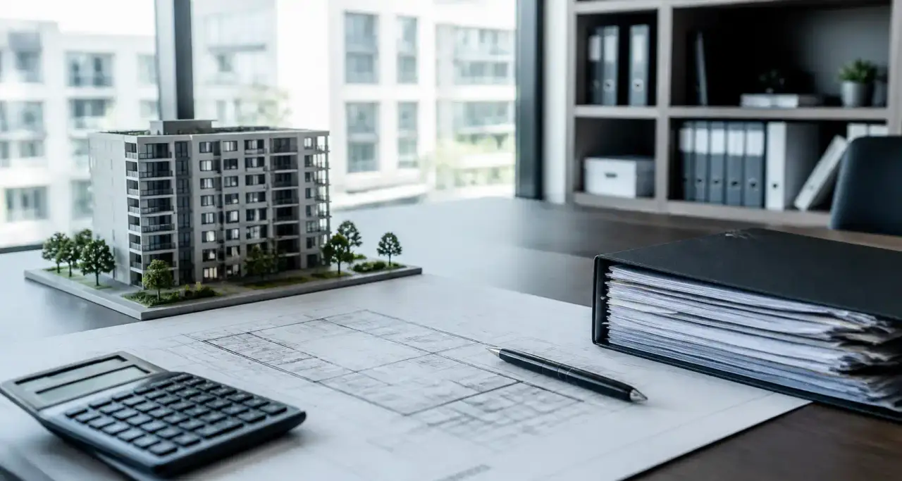 Gestion immobilière d'entreprise : plan, maquette de bâtiment et dossiers sur un bureau