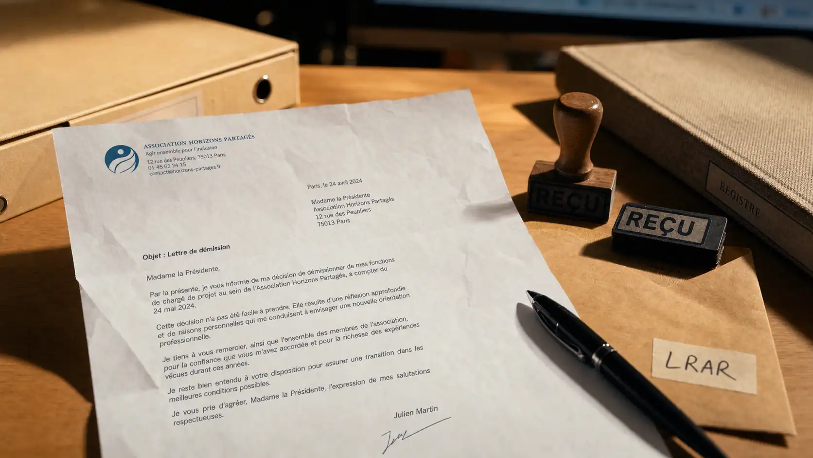 Lettre de demission association secretaire, modèle LRAR et passation