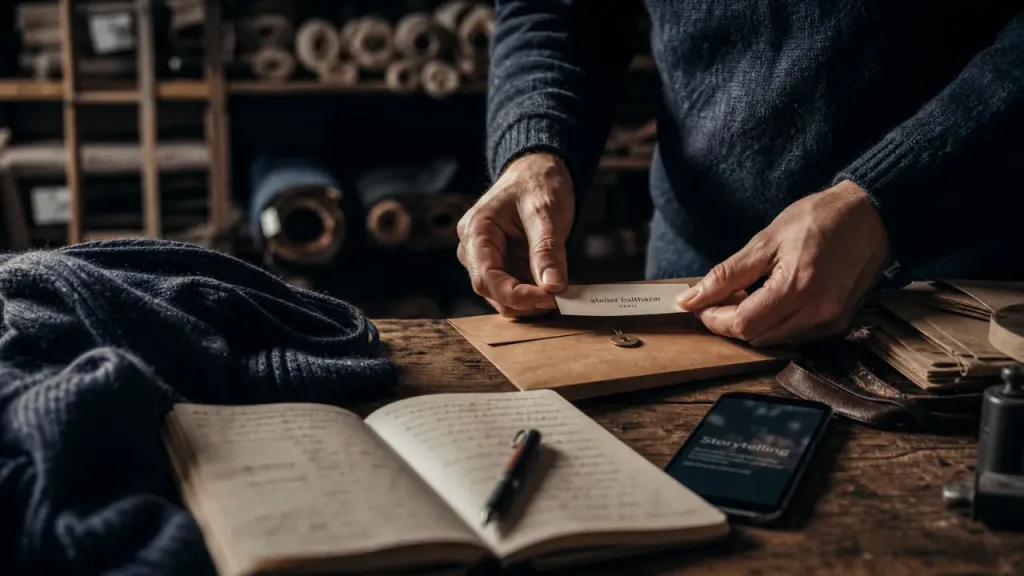 Storytelling exemple : artisan colle une étiquette en atelier