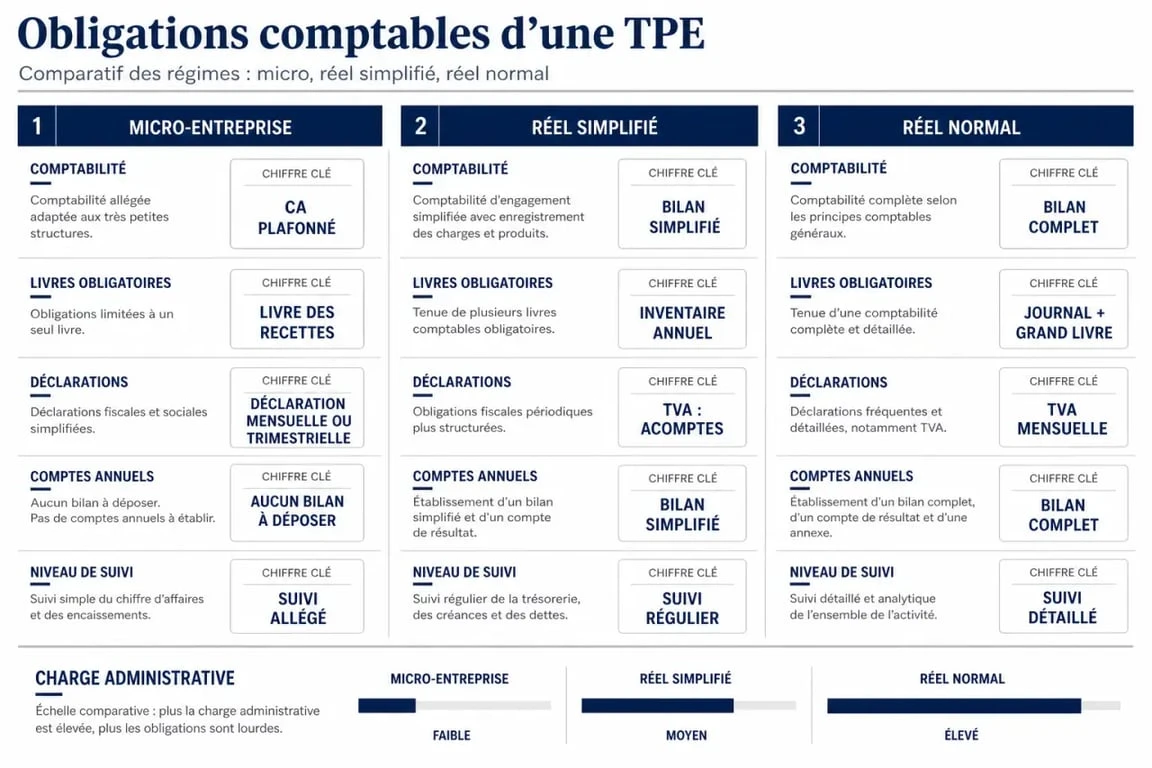 Comptable TPE : comparatif des obligations selon micro-entreprise, réel simplifié et réel normal