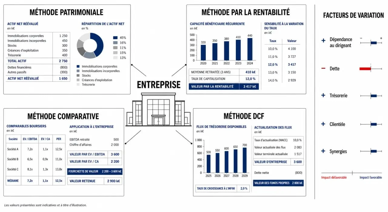 Valorisation entreprise : schéma des méthodes et des facteurs de décote ou de surcote