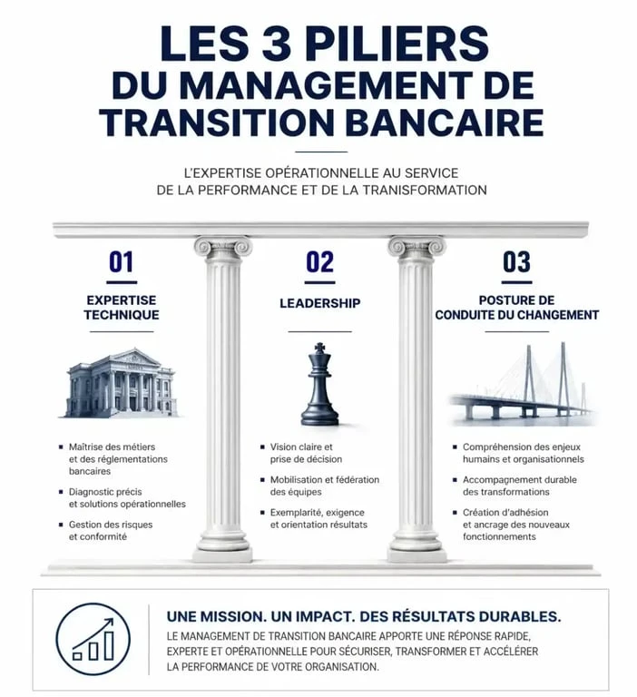 Infographie sur les compétences clés du management de transition banque