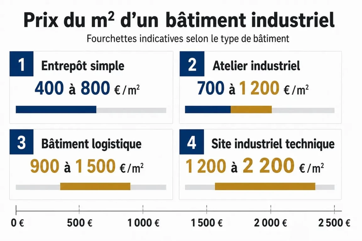 Prix du m2 batiment industriel par type de bâtiment et niveau d’équipement