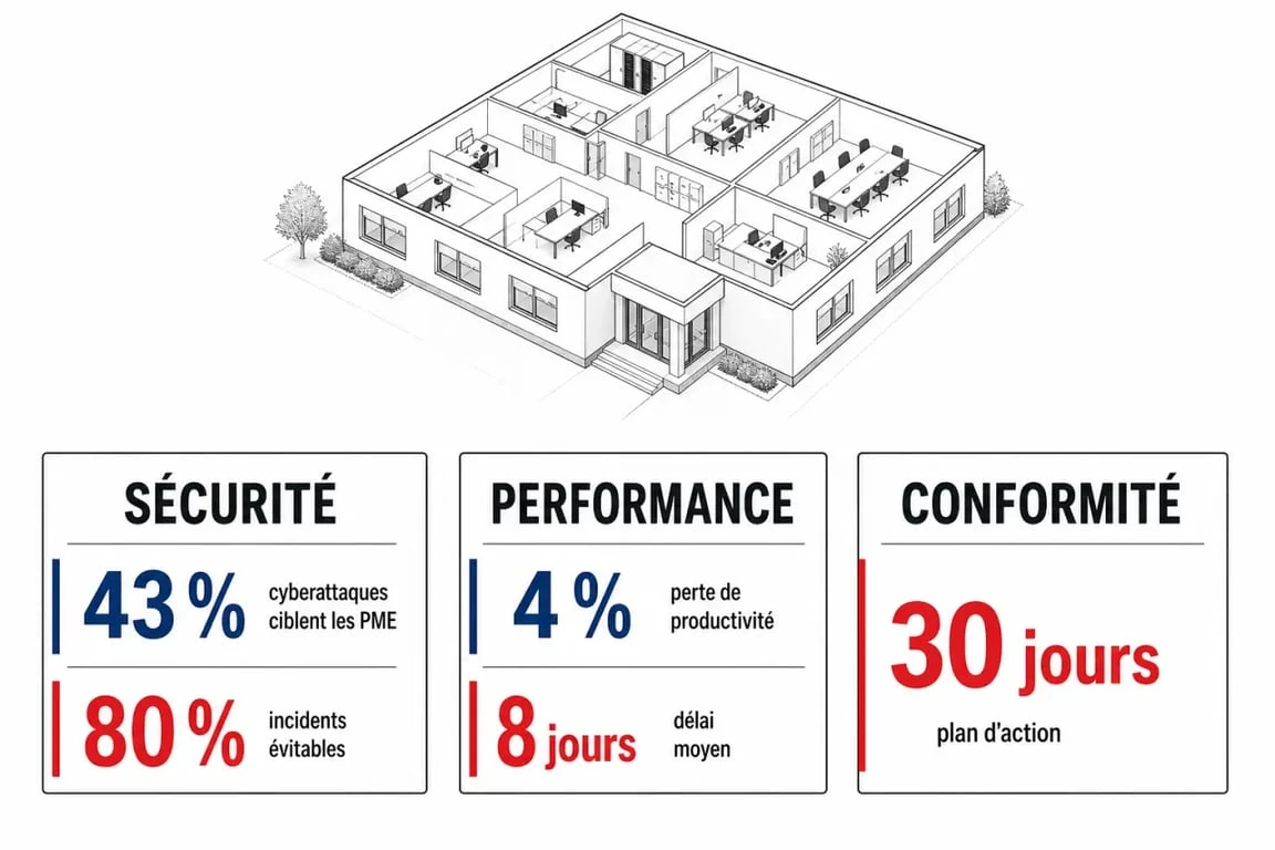 Audit informatique PME illustré par une synthèse visuelle des risques, de la performance et de la conformité