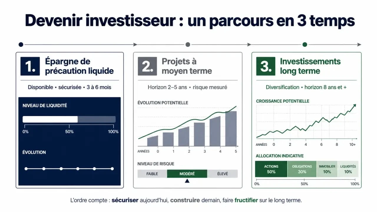 Devenir investisseur : schéma des trois poches entre épargne de précaution, projets à moyen terme et placement long terme