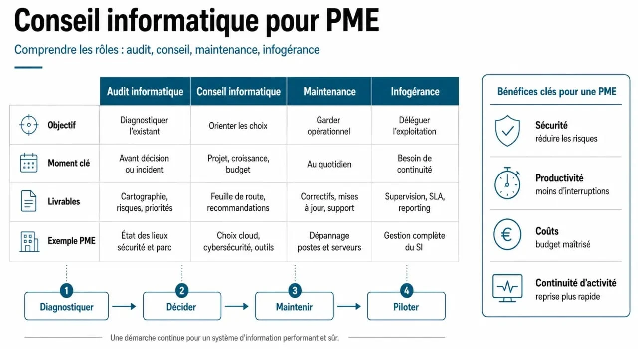 Infographie conseil informatique pme : comparaison entre audit, conseil, maintenance et infogérance