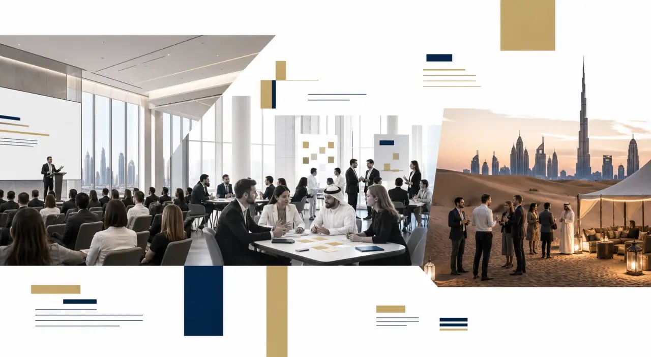 Organiser un séminaire d'entreprise réussi à Dubaï pour ses équipes : programme visuel entre plénière, atelier, désert et skyline