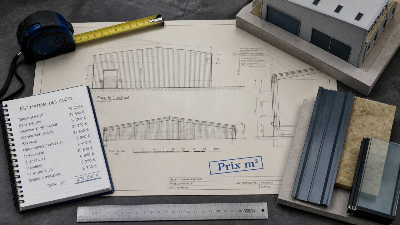 Prix du m2 batiment industriel : plan, mètre et maquette de bâtiment industriel avec coût €/m²