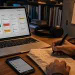 Teletravail en ligne freelance : bureau à domicile, notes et laptop
