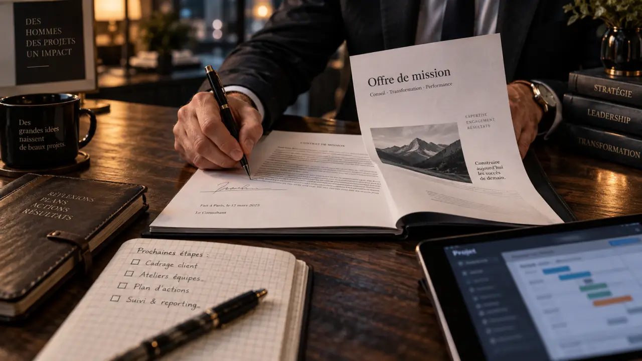 Cadres seniors consulting signent un contrat pour une mission