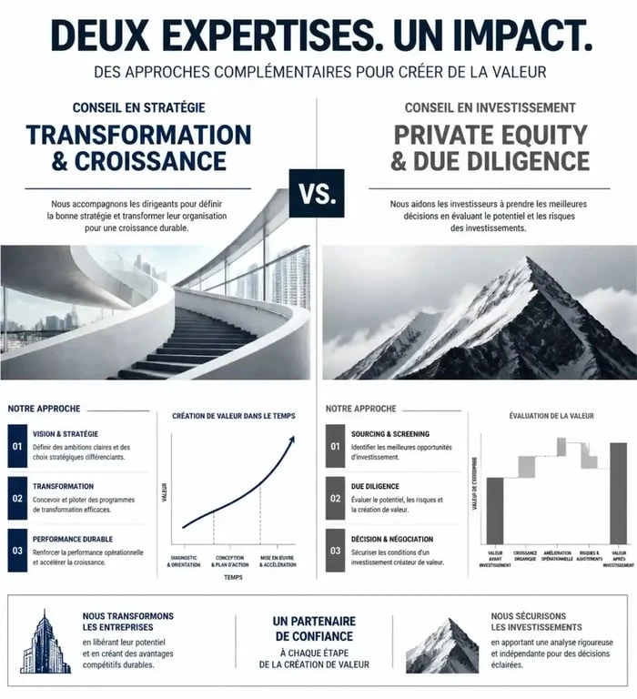 Infographie comparative entre cabinet de stratégie investissement et conseil en transformation
