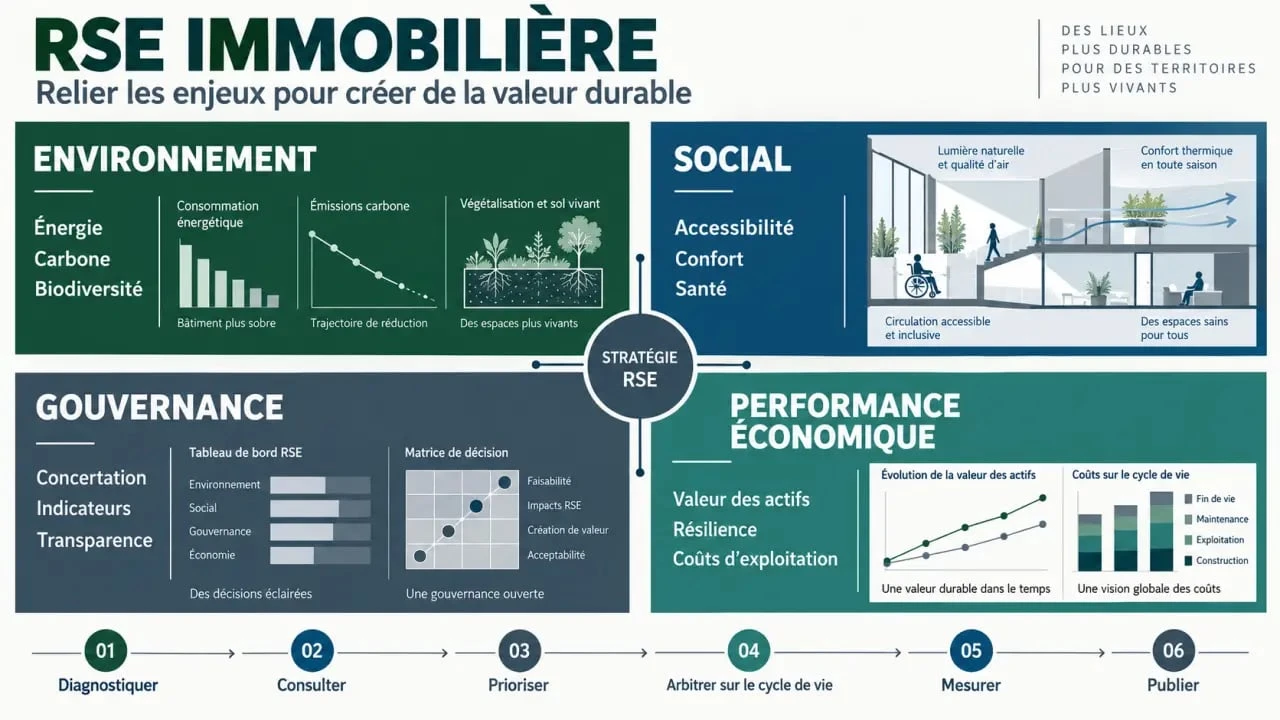 Infographie sur les quatre dimensions de la RSE immobilier et les étapes d'une démarche responsable