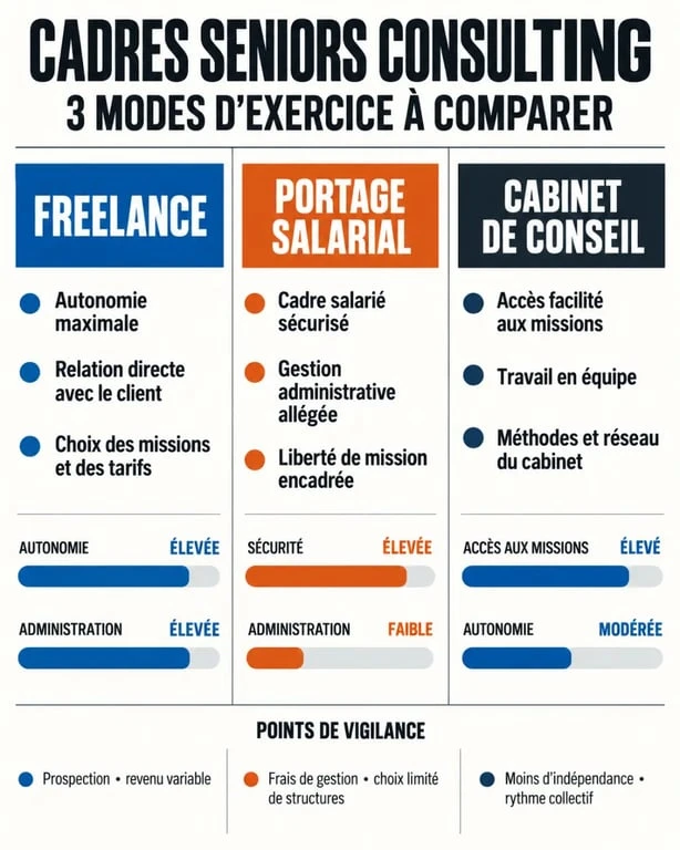 Infographie comparant les trois modes d’exercice pour les cadres seniors consulting