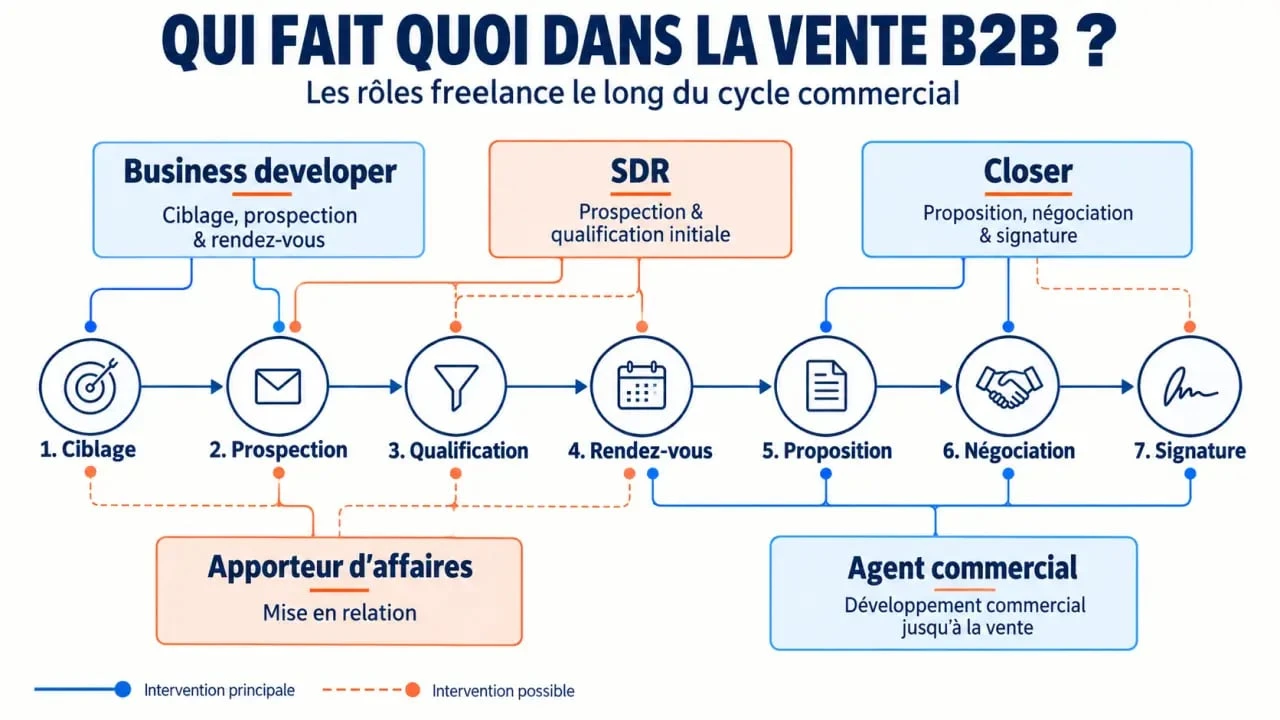 Infographie des rôles des commerciaux freelance dans le cycle de vente B2B