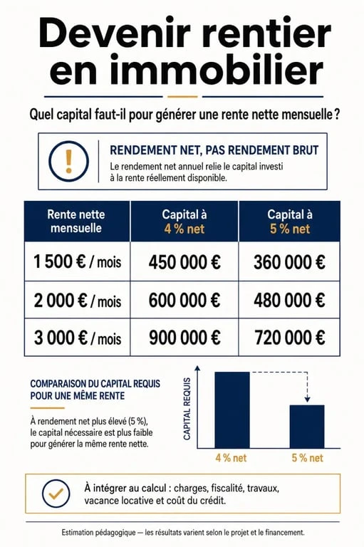 Infographie sur le capital nécessaire pour devenir rentier en immobilier selon la rente nette et le rendement