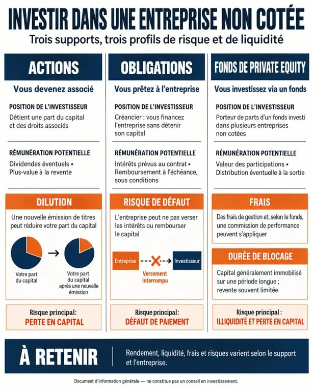 Infographie pour comprendre comment investir dans une entreprise non cotée selon le support choisi
