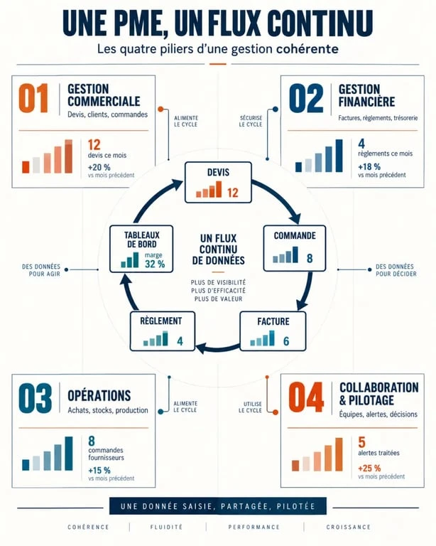 Infographie des quatre piliers d’une solution PME cohérente et du parcours devis-facture-règlement