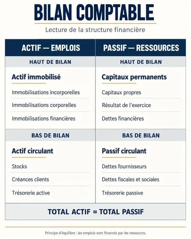 Schéma du bilan comptable illustrant la distinction entre ressources financières et emplois