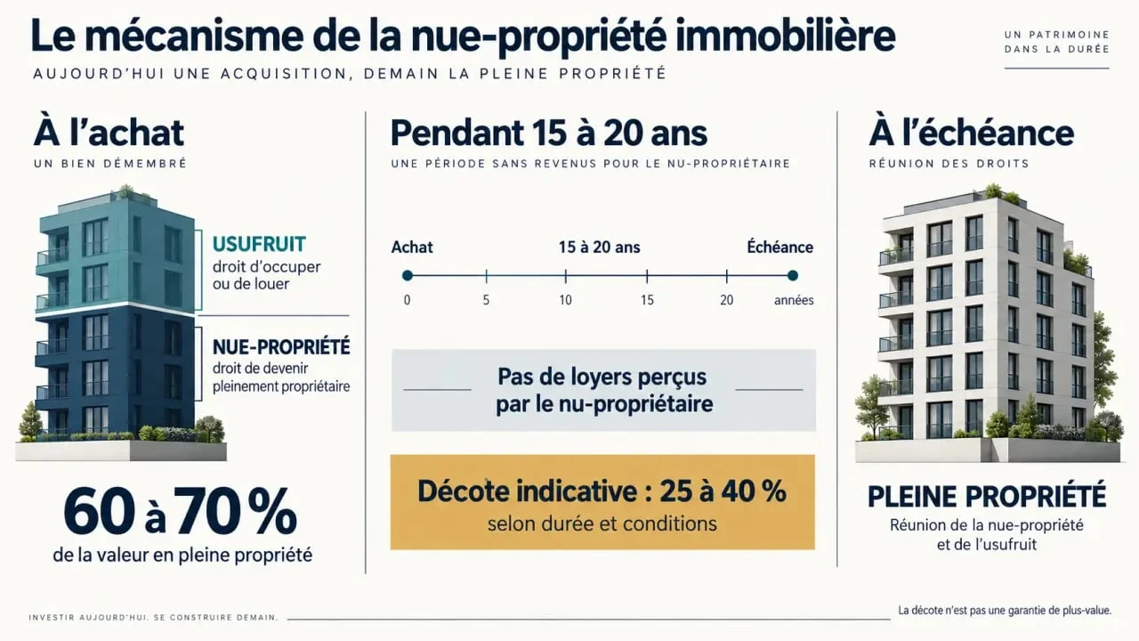 Nue-propriété investir : schéma de la décote, de l'usufruit temporaire et de la récupération de la pleine propriété
