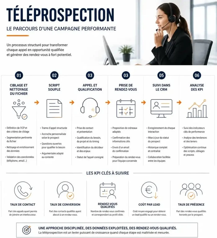 Infographie sur les étapes et les KPI de la téléprospection