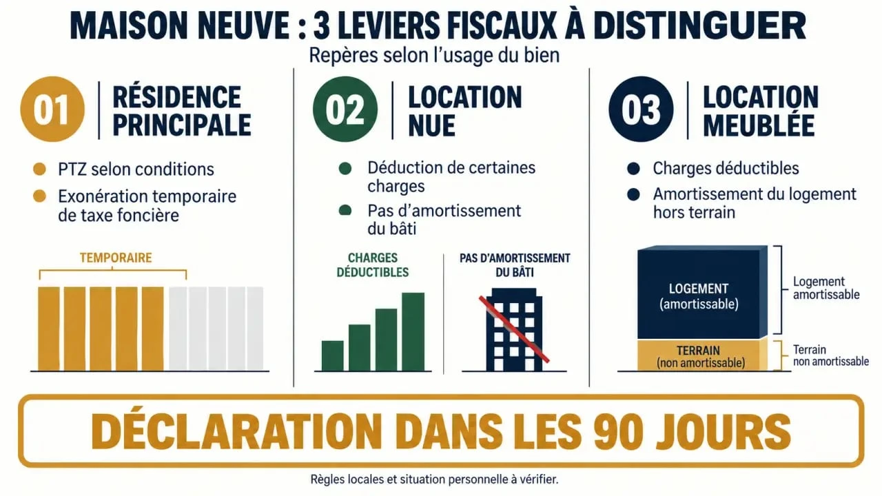 Infographie sur les leviers pour défiscaliser une maison neuve selon son usage