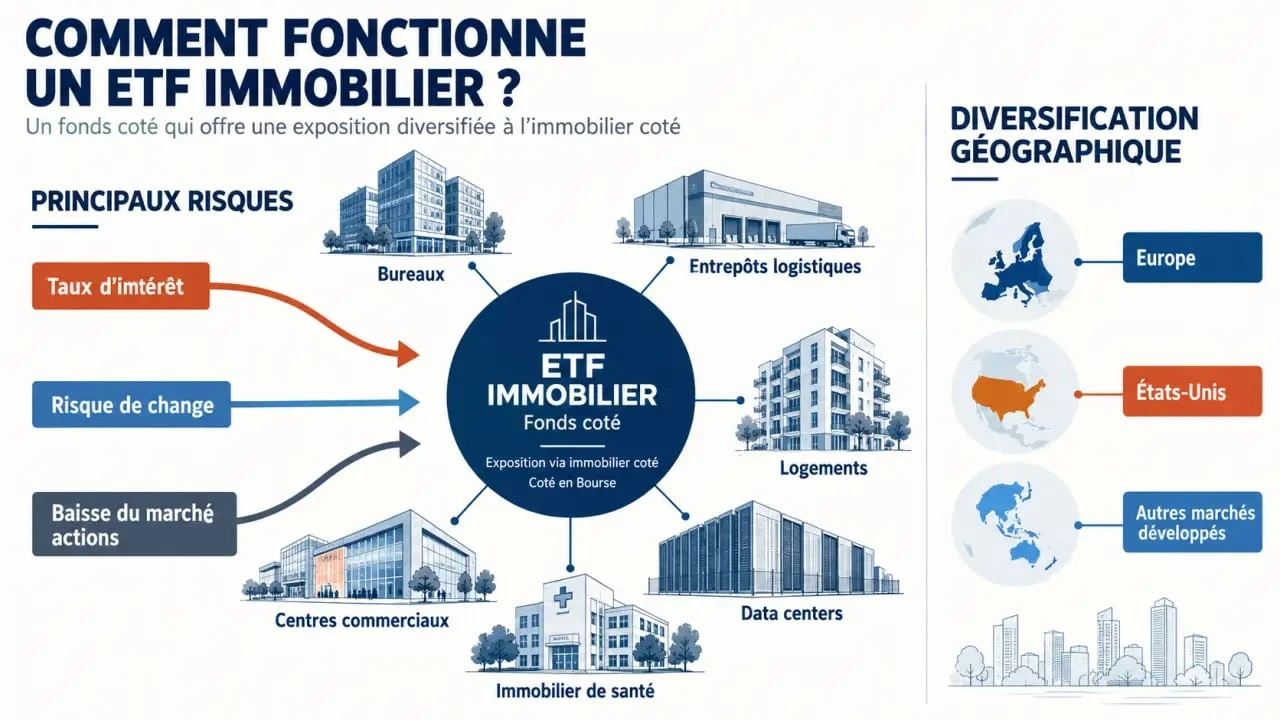 Infographie pédagogique sur le fonctionnement et les risques d’un ETF immobilier