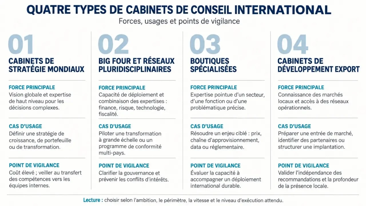 Infographie sur les types de cabinet conseil international et leurs cas d’usage