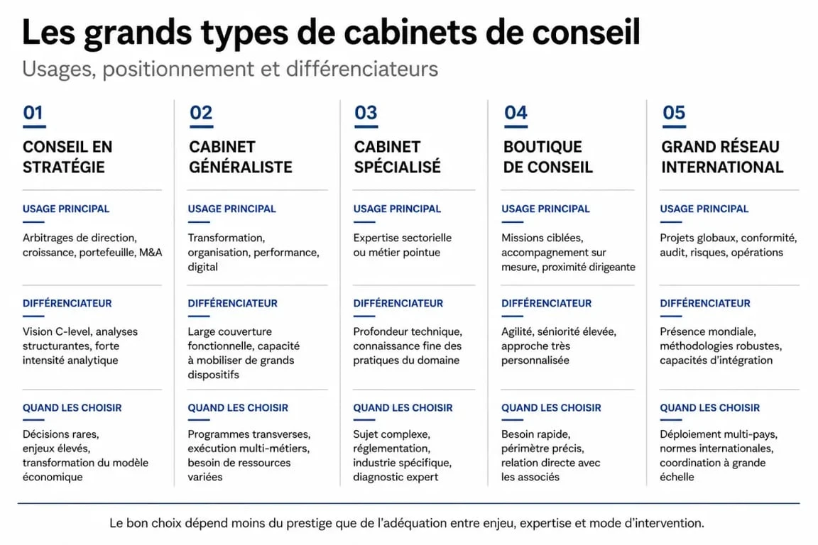 Comparatif des types de cabinet de conseil et de leurs usages