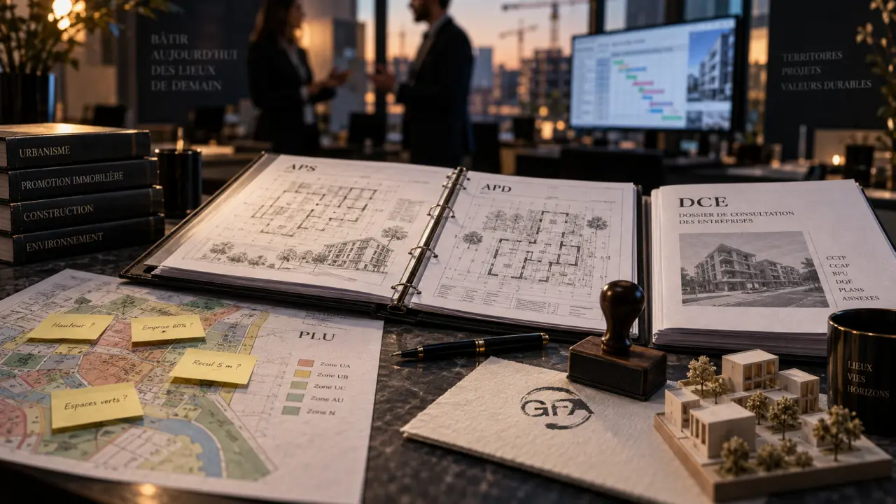 Responsable programmes immobiliers au bureau : plans d’architecture et planning de chantier
