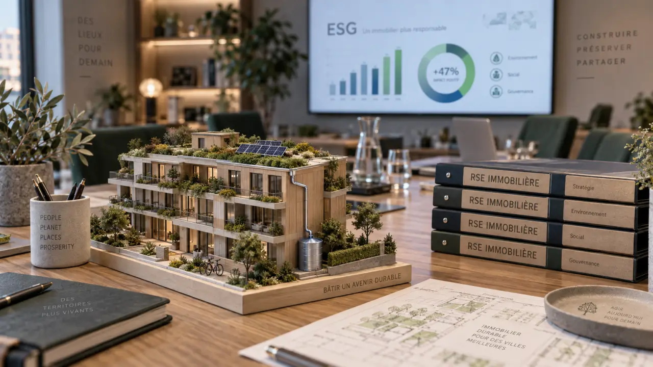 RSE immobilier : maquette d’immeuble durable en salle de réunion