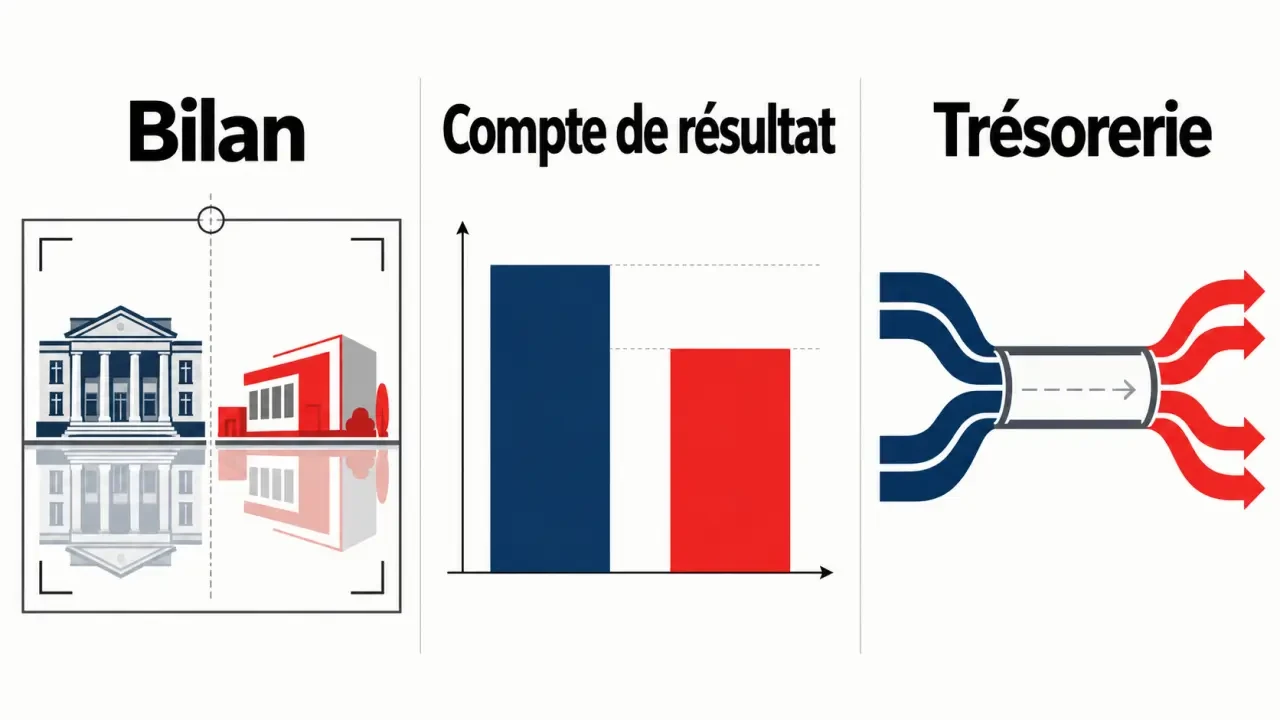 Schéma pédagogique de la gestion et finance en STMG distinguant bilan, compte de résultat et trésorerie
