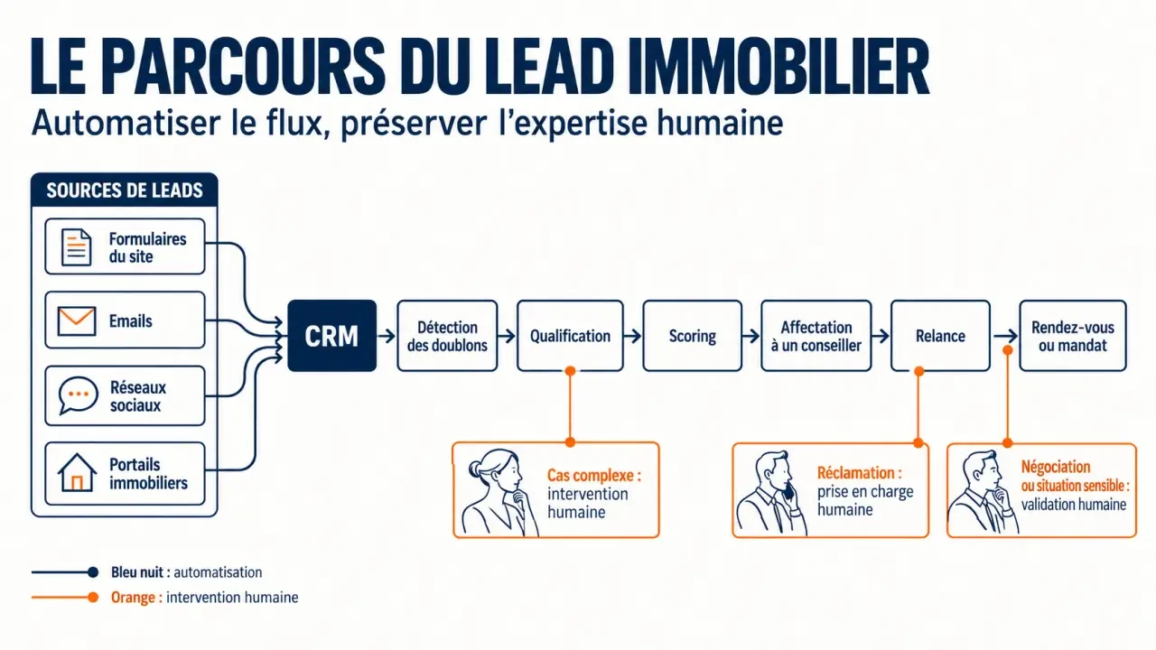 Gestion automatisée des leads immobiliers : parcours du contact au CRM, à la qualification et au mandat
