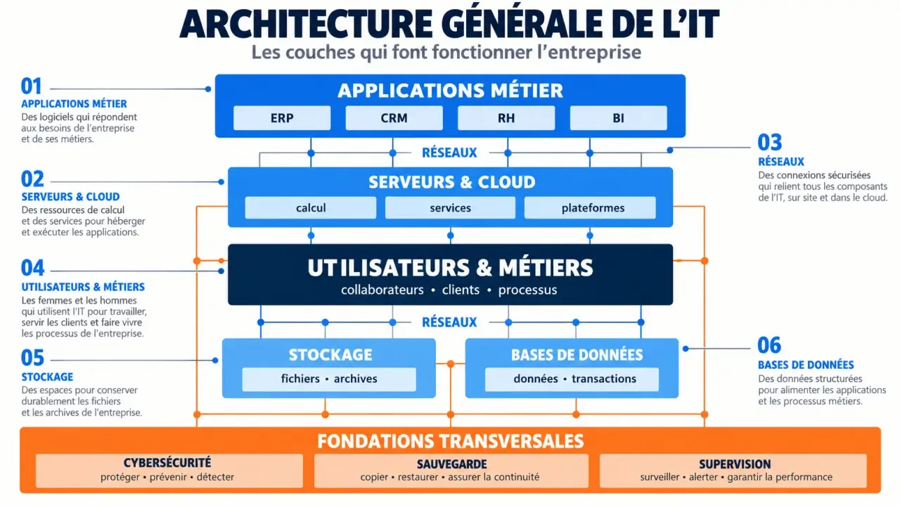 Schéma de l’architecture d’une infrastructure IT informatique avec applications, réseaux, cloud, données et cybersécurité